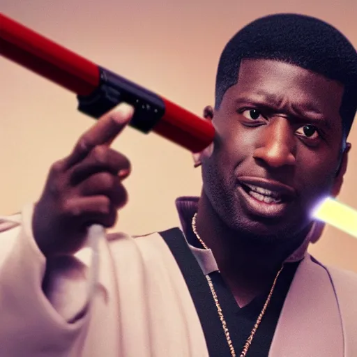 Image similar to gucci mane holding a lightsaber as mace windu in star wars episode 3, 8k resolution, full HD, cinematic lighting, award winning, anatomically correct