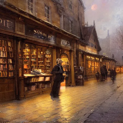 Image similar to jean-Baptiste Monge and Solomon Joseph Solomon and Richard Schmid and Jeremy Lipking victorian genre painting painting of an english 19th century english bookshop store front on a stone city streat with shops and stores at night with cozy lights