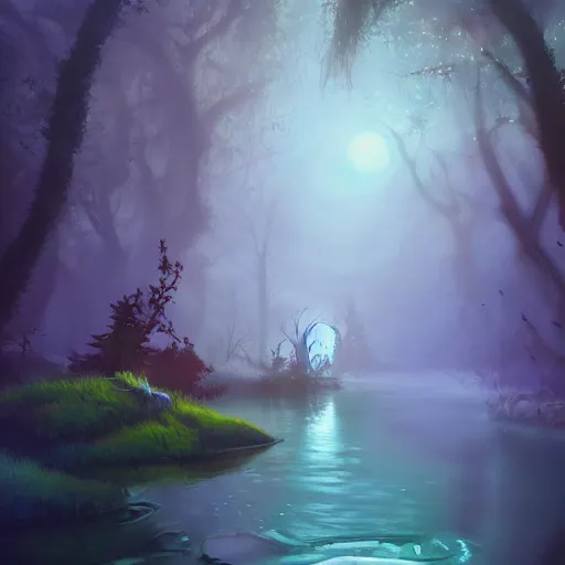 Prompt: fantasy art of a stream in an enchanted forest at night by rhads, artem chebokha, pastel tones, highly detailed, video game concept art, volumetric lighting, 4 k, 8 k, blender, trending on artstation