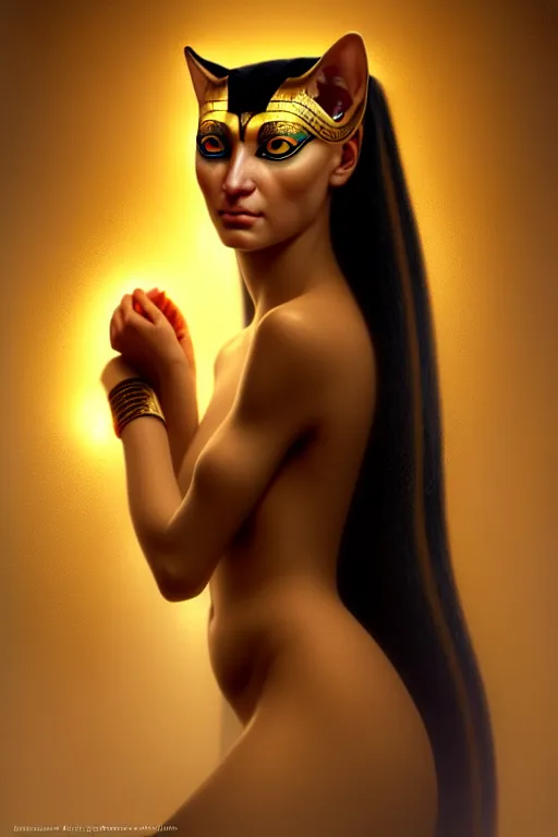 Image similar to portrait of the beautiful egyptian goddess, bastet, bast, woman / cat hybrid, soft torchlight in an egyptian tomb, digital art by ruan jia and mandy jurgens and artgerm and william - adolphe bouguereau, highly detailed, trending on artstation, award winning,