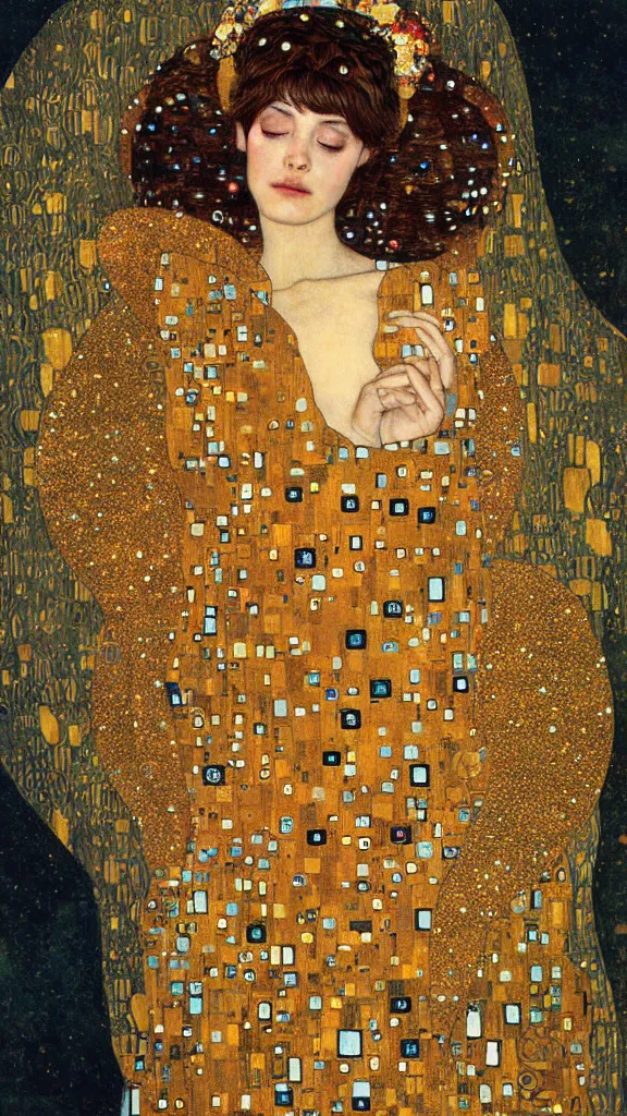 Prompt: a soft and breathtaking detailed painting of a sleeping princess in the style of Gustav Klimt, , fireflies and art nouveau crown of embersdetailed art nouveau stained glass of flames, elegant, highly detailed, artstation, concept art, matte, sharp focus, art by Gustav Klimt