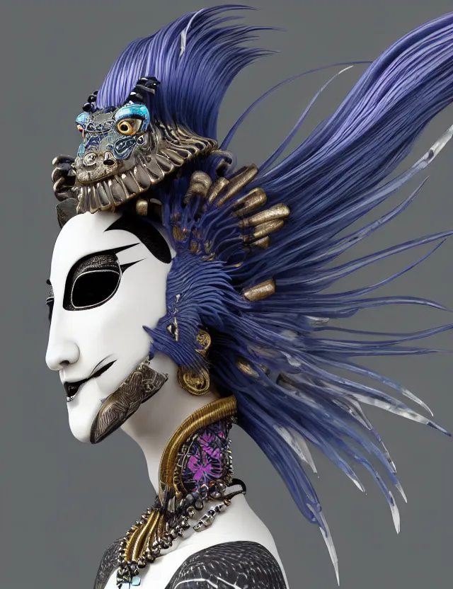 Prompt: 3 d goddess close - up profile simple portrait punk with mohawk with ram skull. beautiful intricately detailed japanese crow kitsune mask and clasical japanese kimono. betta fish, jellyfish phoenix, bio luminescent, plasma, ice, water, wind, creature, artwork by tooth wu and wlop and beeple and greg rutkowski