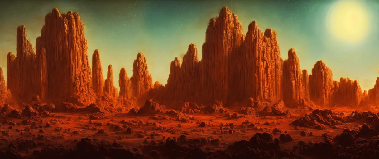 Image similar to hyperrealistic hyper detailed night shot of neo-baroque mars colony with brutalist monuments and giant carnivorous flowers matte painting concept art key sage gustave courbet very dramatic orange and blue lighting high angle hd 8k sharp shallow depth of field
