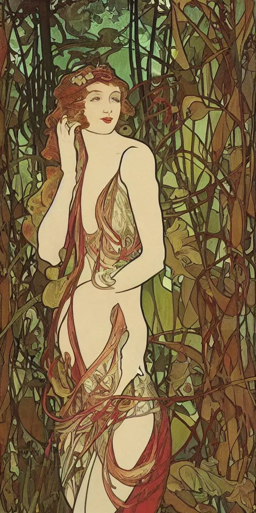 Prompt: esthetic beautiful woman models painted by Alfons Mucha, Art Deco, hot, forest on background, banner