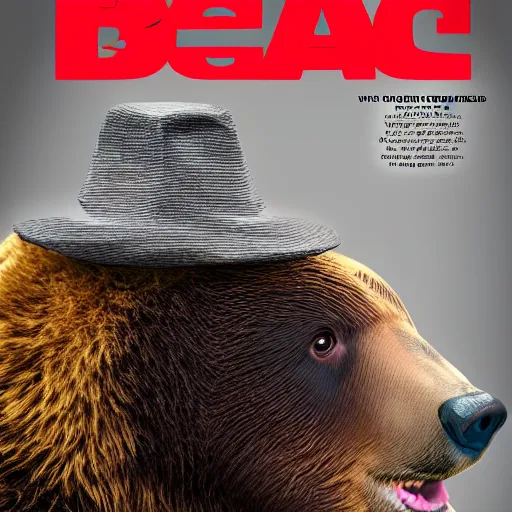 Image similar to magazine cover with bear in a hat. 8k resolution. hyperrealistic