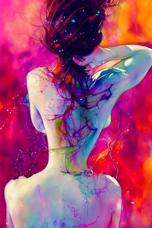 Image similar to sophia vergara by agnes cecile enki bilal moebius, intricated details, 3 / 4 back view, hair styled in a bun, bendover posture, full body portrait, extremely luminous bright design, pastel colours, drips, autumn lights