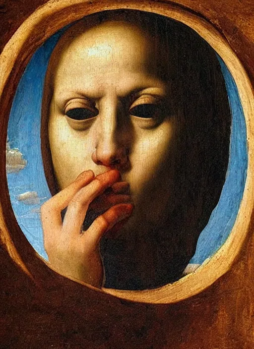 Image similar to renaissance painting of a weeping face enclosed in a circular cloud, painted by raffaello