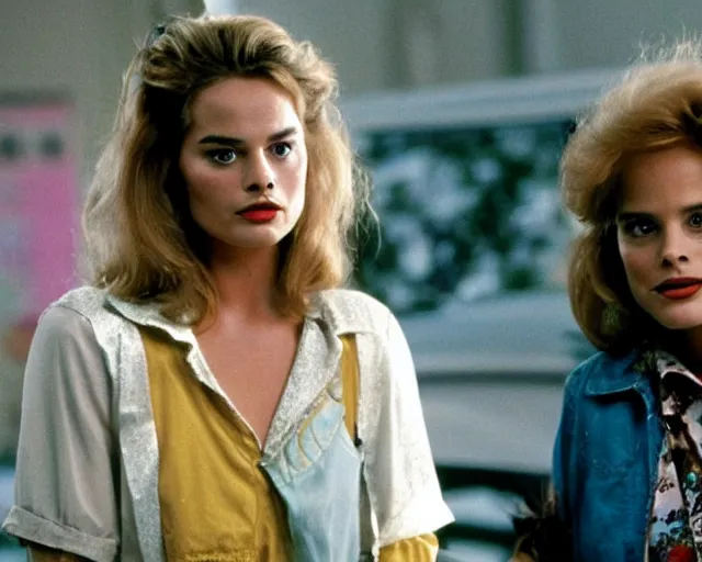 Prompt: margot robbie as lea thompson as lorraine baines in back to the future, 1985, cdx