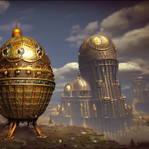 Image similar to enormous flying city in a faberge egg, sky!, steampunk, masterpiece, unreal engine