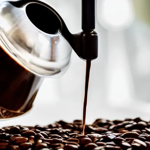 Image similar to a very beautiful macro photograph of espresso being poured from a portafilter. professional, high quality, high resolution, dynamic shot