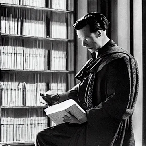Prompt: the image is a screenshot from a lost 1 9 4 0 s film still of doctor strange reading a book in a quiet library, eating an apple. the moody cinematography, with anamorphic lenses, creates a crisp, detailed image in 4 k resolution.