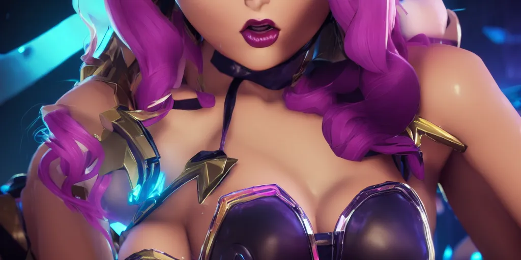 Image similar to still of pretty KDA More Miss Fortune (wild rift) close up in KDA More music video. 3d render, octane render, game art, realistic, highly detailed, trending on artstation, 4k, trending on artstation, pixar, cgsociety, unreal engine 5, redshift render, trending on artstation, blender, behance, cg