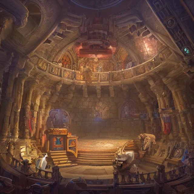 Prompt: an isometric digital painting of an octagonal anatomical theatre by justin gerard, paul bonner, highly detailed, volumetric lighting, digital art, isometric, artstation hd