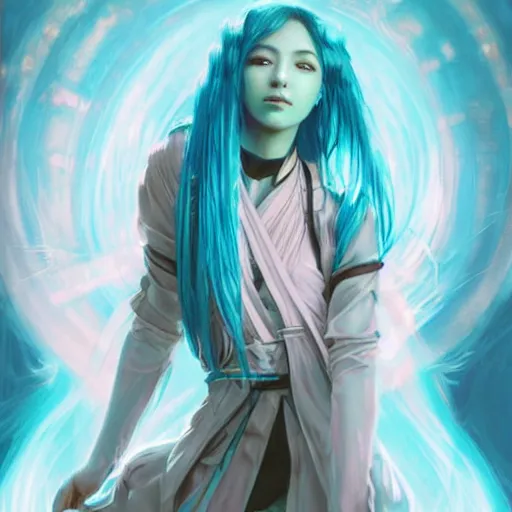 Image similar to a beautiful portrait of hatsune miku with teal colored hair with deep red highlights as a jedi, space fantasy, in the style of magic the gathering, intricate, elegant, highly detailed, digital painting, artstation, concept art, matte, sharp focus, illustration, art by greg rutkowski and alphonse mucha