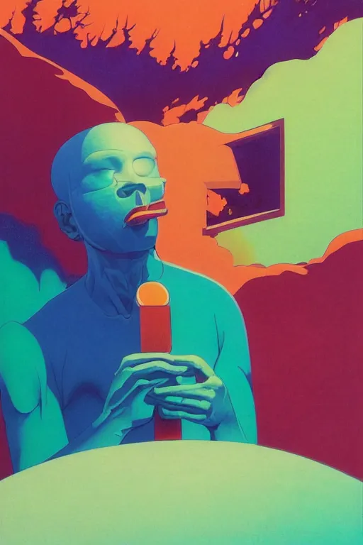 Prompt: a colorful vibrant closeup portrait of a simple soldier licking a tab of LSD acid on his tongue and dreaming psychedelic hallucinations, by kawase hasui, moebius, Edward Hopper and James Gilleard, Zdzislaw Beksinski, Steven Outram colorful flat surreal design, hd, 8k, artstation