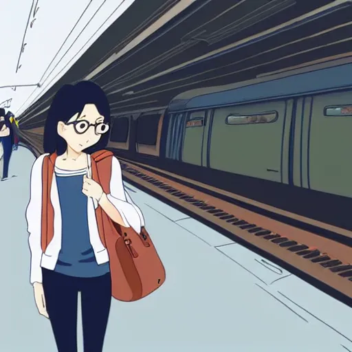 Prompt: attractive cartoon woman, dark hair, glasses, wearing jeans and a hoodie, waiting at a train station in the style of a ghibli movie