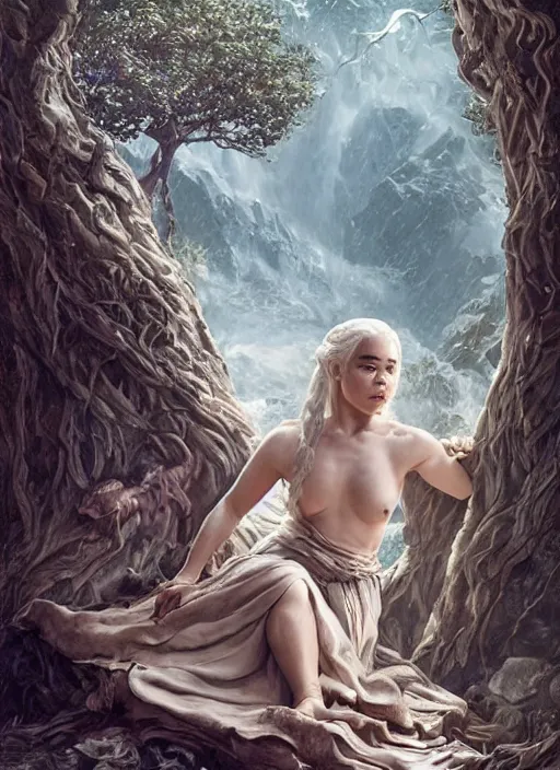 Image similar to Emilia Clarke as Daenerys Targaryen taking a rest under tree after an long adventure, a ruggedly muscled handsome heroine, intricate, elegant, highly detailed, centered, digital painting, artstation, concept art, smooth, sharp focus, illustration, artgerm, donato giancola, Joseph Christian Leyendecker, WLOP, Artgerm, thunder storm