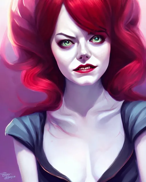 Prompt: a portrait of a beautiful full body Emma Stone vampire sharp teeth blood, art by lois van baarle and loish and ross tran and rossdraws and sam yang and samdoesarts and artgerm, digital art, highly detailed, intricate, sharp focus, Trending on Artstation HQ, deviantart, unreal engine 5, 4K UHD image