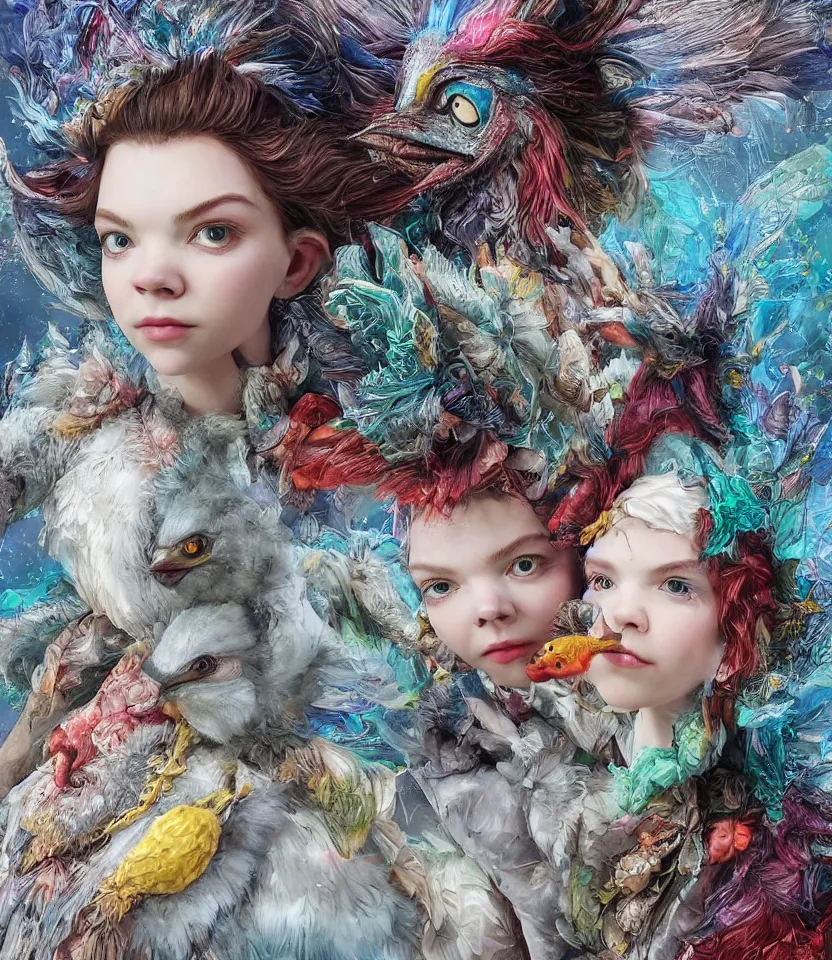 Image similar to hyper detailed 3d render like a Oil painting - kawaii portrait of hopeful lovers hugging tight or kissing pecking adorably Aurora (a beautiful girl skeksis muppet fae princess protective playful expressive acrobatic from dark crystal that looks like Anya Taylor-Joy) seen red carpet photoshoot in UVIVF posing in scaly dress to Eat of the Strangling network of yellowcake aerochrome and milky Fruit and His delicate Hands hold of gossamer polyp blossoms bring iridescent fungal flowers whose spores black the foolish stars by Jacek Yerka, Ilya Kuvshinov, Mariusz Lewandowski, Houdini algorithmic generative render, golen ratio, Abstract brush strokes, Masterpiece, Edward Hopper and James Gilleard, Zdzislaw Beksinski, Mark Ryden, Wolfgang Lettl, hints of Yayoi Kasuma and Dr. Seuss, Grant Wood, octane render, 8k