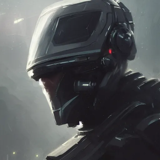 Image similar to scifi art by Greg Rutkowski, a man wearing futuristic tactical gear, colored in white and black, high technology, highly detailed portrait, digital painting, artstation, concept art, smooth, sharp foccus ilustration, Artstation HQ