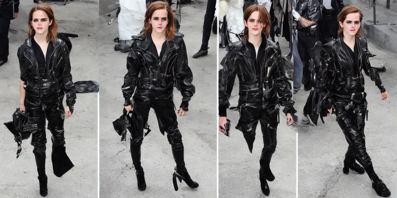 Prompt: emma watson baroque cyberpunk flight suit gritty oily futuristic asymmetric