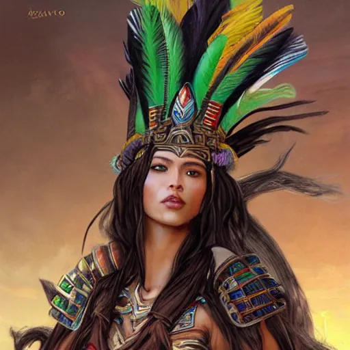 Image similar to a beautiful female aztec warrior wearing a futuristic crown of very long quetzal feathers, by riccardo federici, xin haicheng, and artgerm, with a perfect body and perfectly positioned face, strong jawline and flowing dark hair, brown eyes, fair skin, global illumination h - 7 0 4