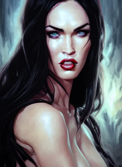 Image similar to portrait of megan fox as a evil demon with hornes, batwings, hell, jewelry, greek, dark, intricate, headshot, key visual, conceptart, ambient lighting, highly detailed, digital painting, artstation, concept art, sharp focus, by makoto shinkai and akihiko yoshida and greg manchess