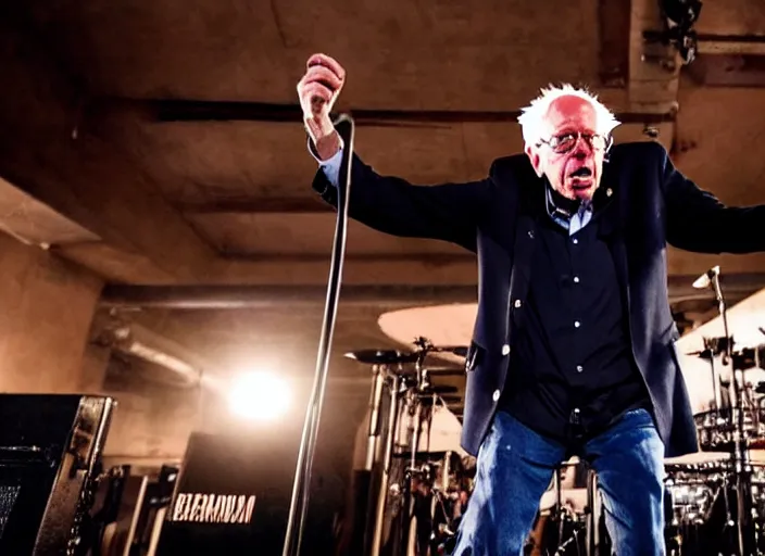 Image similar to publicity photo still of bernie sanders in a death metal band playing live on stage, 8 k, live concert lighting, mid shot