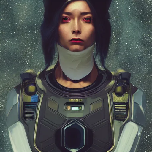 Prompt: a hyper realistic character concept art of a cyberpunk space force captain, half body, front facing camera, 4 k rendered in octane, trending in artstation, cgsociety, 4 k post - processing highly detailed by wlop, junji murakami, mucha klimt, sharandula, hiroshi yoshida, artgerm, craig mullins, dramatic, moody cinematic lighting