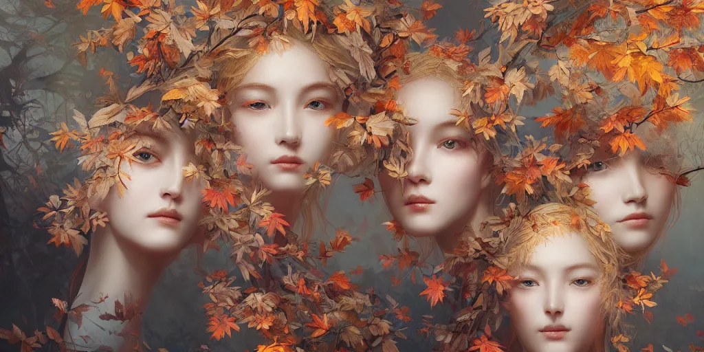 Image similar to breathtaking detailed concept art painting pattern of blonde faces goddesses amalgamation autumn leaves with anxious piercing eyes and blend of flowers and birds, by hsiao - ron cheng and john james audubon, bizarre compositions, exquisite detail, extremely moody lighting, 8 k