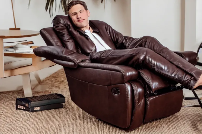 Image similar to a caucasian man relaxing on a brown reclined leather chair