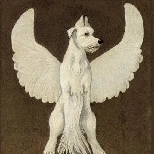 Image similar to reinacensse sketch, white schnauzer dog with two open wings, front view, leonardo da vinci