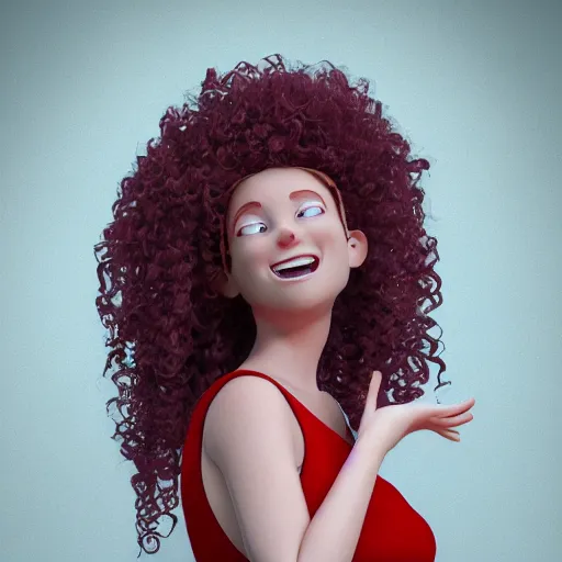 Prompt: Cinema4d Render of a gorgeous red haired woman with big curly hair and freckles, curvy figure wearing dress with flower print, realistic iris, Pixar CGI , octane render, sharp details, bloom, 8k resolution, OLED