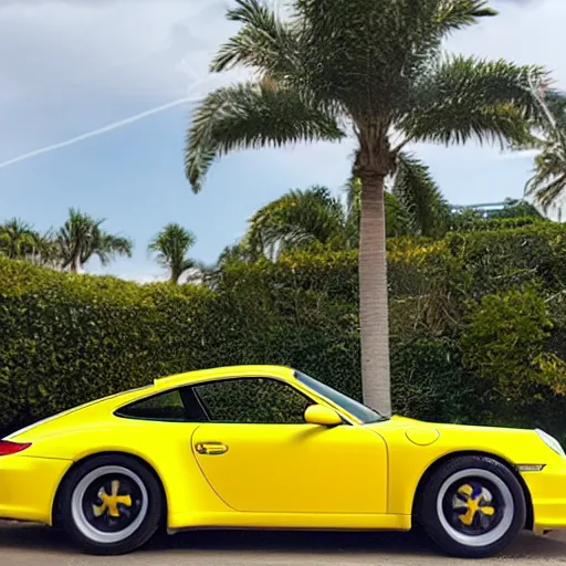 Prompt: a yellow porsche 9 1 1 in a palm beach swimming pool