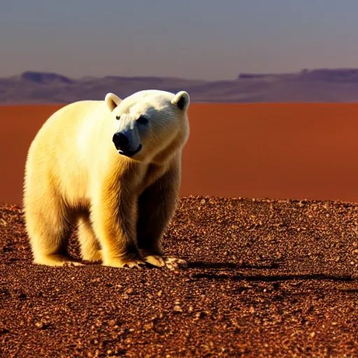 Image similar to photography of a polar bear in the desert, VFX, cinematic, rule of thirds, golden ratio, evening