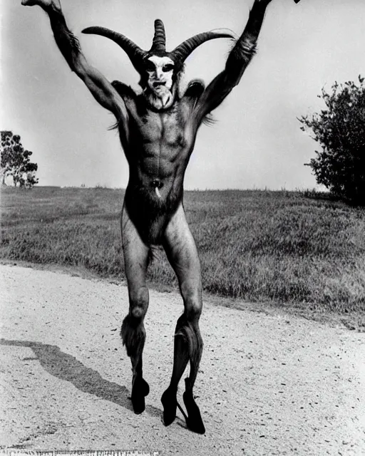 Image similar to actor Roddy McDowell in Elaborate Pan Satyr Goat Man Makeup and prosthetics designed by Rick Baker, Hyperreal, He has goat man legs, cloven feet and horns, He is holding a Pan Flute, he is wearing cargo pants