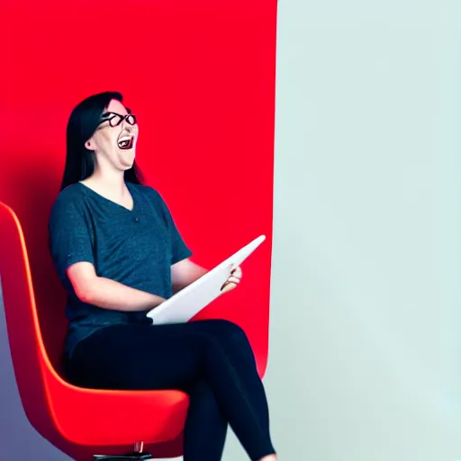 Image similar to a ux designer having loads of fun in a red chair with a big team creating wire frames