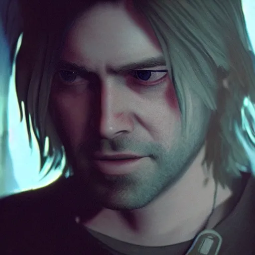 Prompt: a gaming screenshot still of Kurt Cobain in resident evil, Moebius, Greg Rutkowski, Zabrocki, Karlkka, Jayison Devadas, Phuoc Quan, trending on Artstation, 8K, ultra wide angle, video game graphics, realistic unreal engine 3d game, zenith view, cyberpunk pincushion lens effect