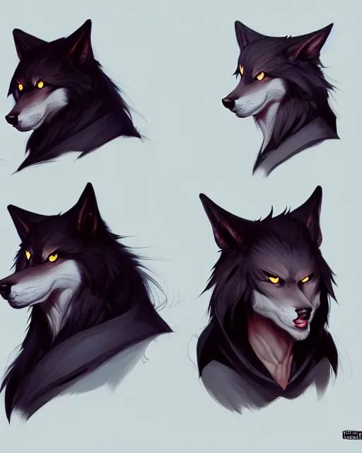 Image similar to character concept art of a black anthropomorphic furry male wolf long red hair | | cute - fine - face, pretty face, key visual, realistic shaded perfect face, fine details by stanley artgerm lau, wlop, rossdraws, james jean, andrei riabovitchev, marc simonetti, and sakimichan, trending on artstation