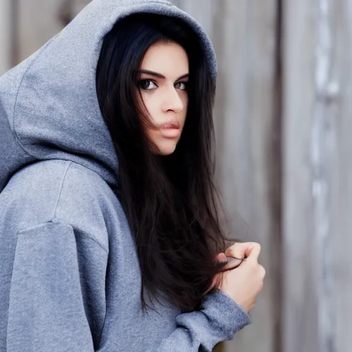 Image similar to raven haired seductive supermodel with stunning light eyes with a beautiful face, fair soft skin, wearing a hoodie, hands in pockets of tight jeans