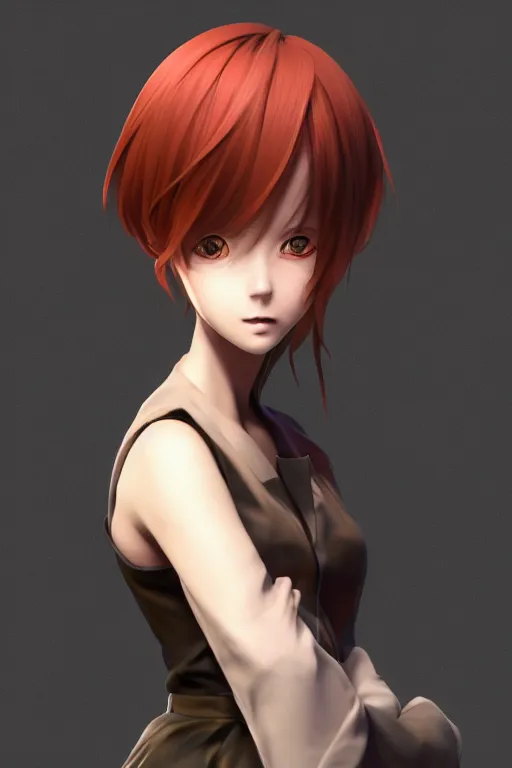 Image similar to Very complcated dynamic composition, realistic anime style at Pixiv, Zbrush sculpt colored, Octane render in Maya and Houdini VFX, young redhead girl in motion, wearing jacket and skirt, silky hair, black stunning deep eyes. By ilya kuvshinov, krenz cushart, Greg Rutkowski, trending on artstation. Amazing textured brush strokes. Cinematic dramatic soft volumetric studio lighting