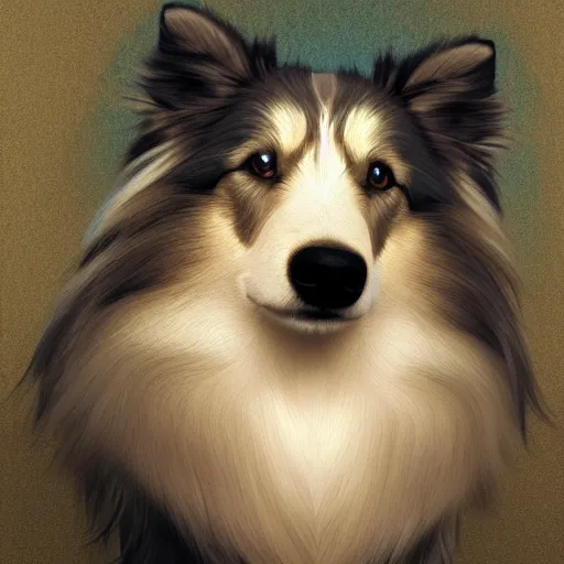 Image similar to a weredog shetland sheepdog, elegant, highly detailed, digital painting, concept art, smooth, sharp focus, illustration, art by artgerm and greg rutkowski and alphonse mucha,artstation,deviantart,FAN ART,Unreal Engine,face enhance,8K,golden ratio,cinematic lighting H 704