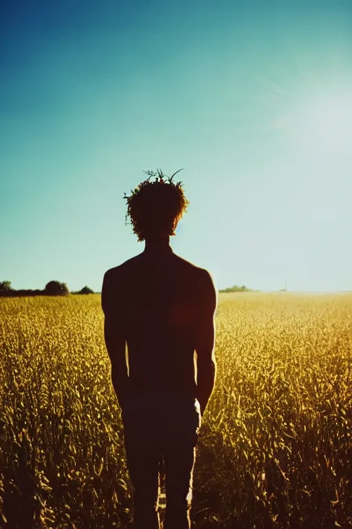 Image similar to agfa vista 4 0 0 photograph of a skinny guy getting abducted by aliens in a field, lens flare, flower crown, back view, moody lighting, moody vibe, telephoto, 9 0 s vibe, grain, vintage, tranquil, calm, faded