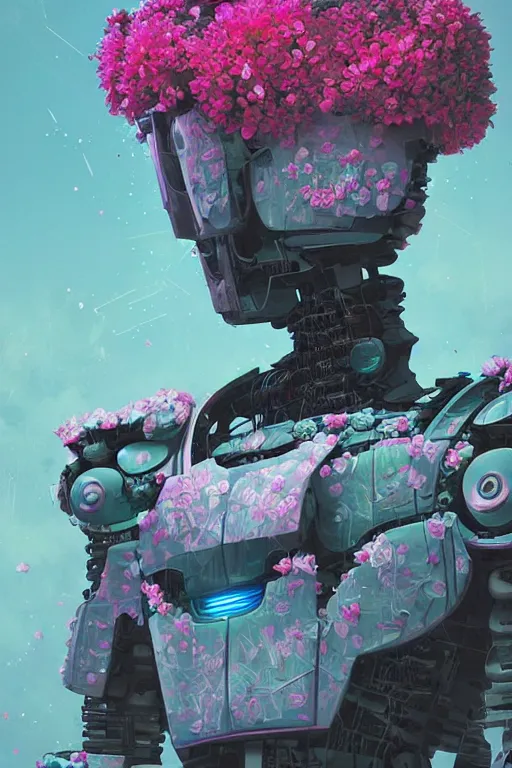 Prompt: a digital painting of a robot with flowers, cyberpunk art by Filip Hodas, cgsociety, panfuturism, made of flowers, dystopian art, vaporwave