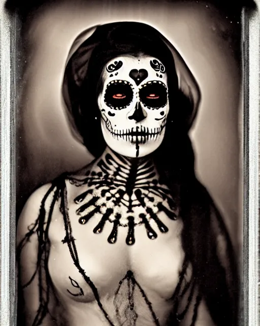 Prompt: tintype veiled woman dressed in dia de muertos makeup high quality photo, microchip, artificial intelligence, bio - mechanical bio - luminescence, black wired cables, neurons, nerve cells, cinematic, rim light, photo - realistic, high detail, 8 k, masterpiece, high fashion, in the style of steven meisel dora maar h. g. giger