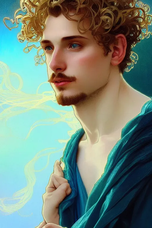 Image similar to portrait of a beautiful young fit male angel with curly blond hairs, dressed with fluent clothes, luminous scene, by greg rutkowski and alphonse mucha, d & d character, gradient white to cyan, in front of an iridescent background, highly detailed portrait, digital painting, artstation, concept art, smooth, sharp focus ilustration, artstation hq