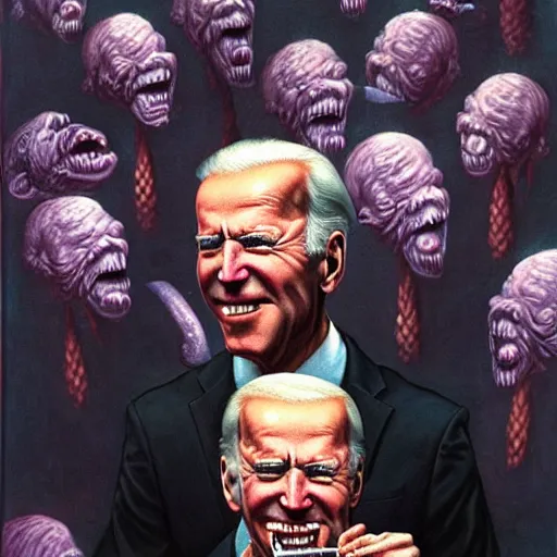 Image similar to epic Joe Biden eats waffle cone ice cream in pandemonium, demons and souls, portrait, art by Wayne Barlowe, oil on canvas