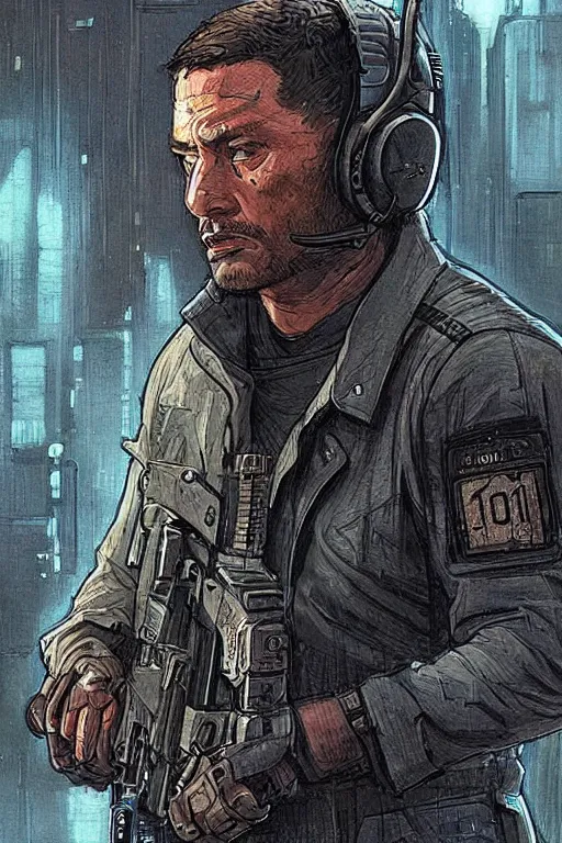 Image similar to Hector. Deadly blackops mercenary in tactical gear and cyberpunk headset. Blade Runner 2049. concept art by James Gurney and Mœbius.