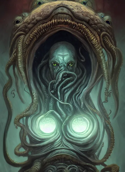 Image similar to Portrait of Cthulhu, white glowing eyes, fantasy, extremely detailed, digital painting, artstation, concept art, smooth, sharp focus, illustration, stunning lighting, art by artgerm and greg rutkowski and alphonse mucha and simon stalenhag, realistic character concept, high fantasy, dark atmosphere, golden ratio, cinematic lighting, hyperdetailed, high resolution, insanely detailed and intricate, artstation, Marc Simonetti, Greg Rutkowski, 8k