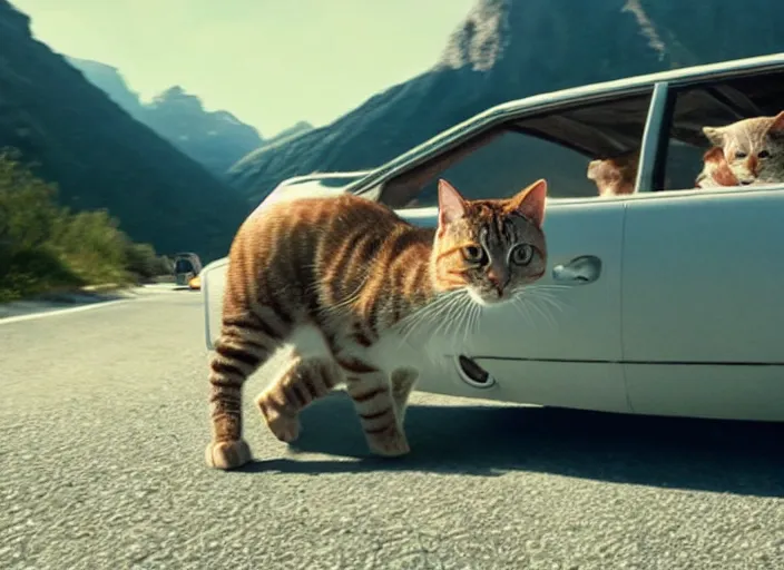 Image similar to A very high resolution image from a new movie, a cat driging around, inside of a car , mountains, Polaroid, directed by wes anderson